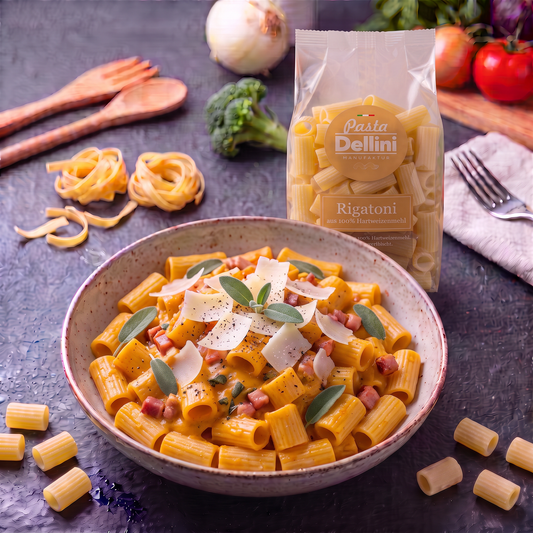 Cremige Kürbis-Salbei-Pasta mit Speck
