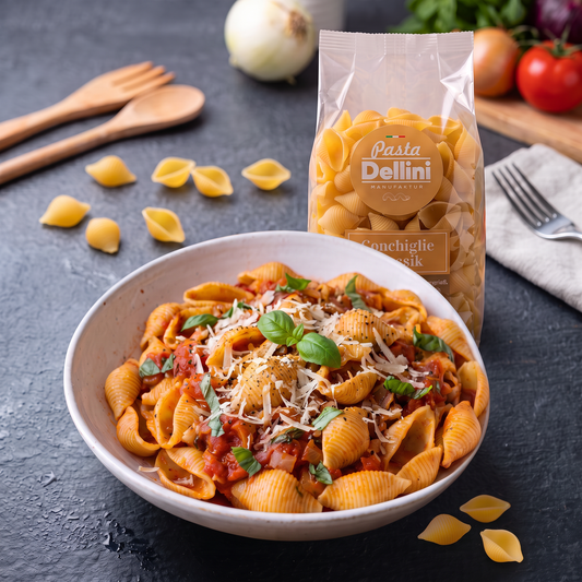 Conchiglie in fruchtiger Tomatensauce zubereitet mit Pasta Dellini aus Graz