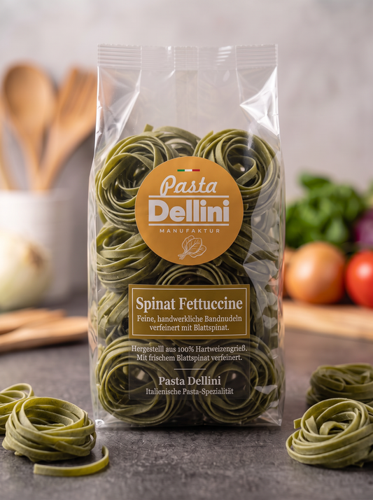 Grüne lange Bandnudeln Spinat Fettuccine von Pasta Dellini handgemacht in Graz 250g